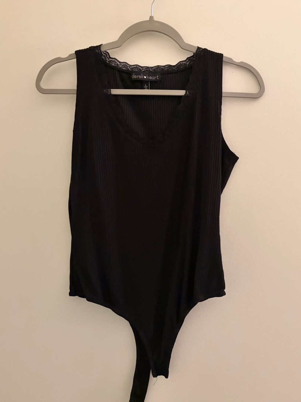 derek heart Black Lace-Trim Ribbed Bodysuit Tank